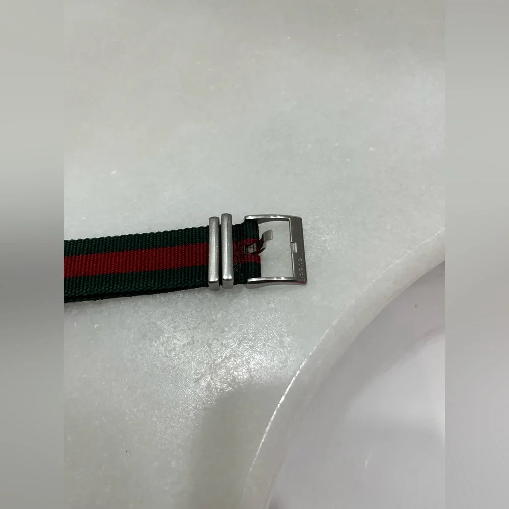 Gucci Black Dial Stainless Watch with Green and Red Nylon Strap